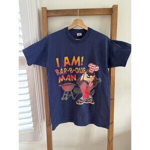 Vintage 90s Taz T-Shirt M Blue I Am Barbeque Man Looney Tunes Single Stitch